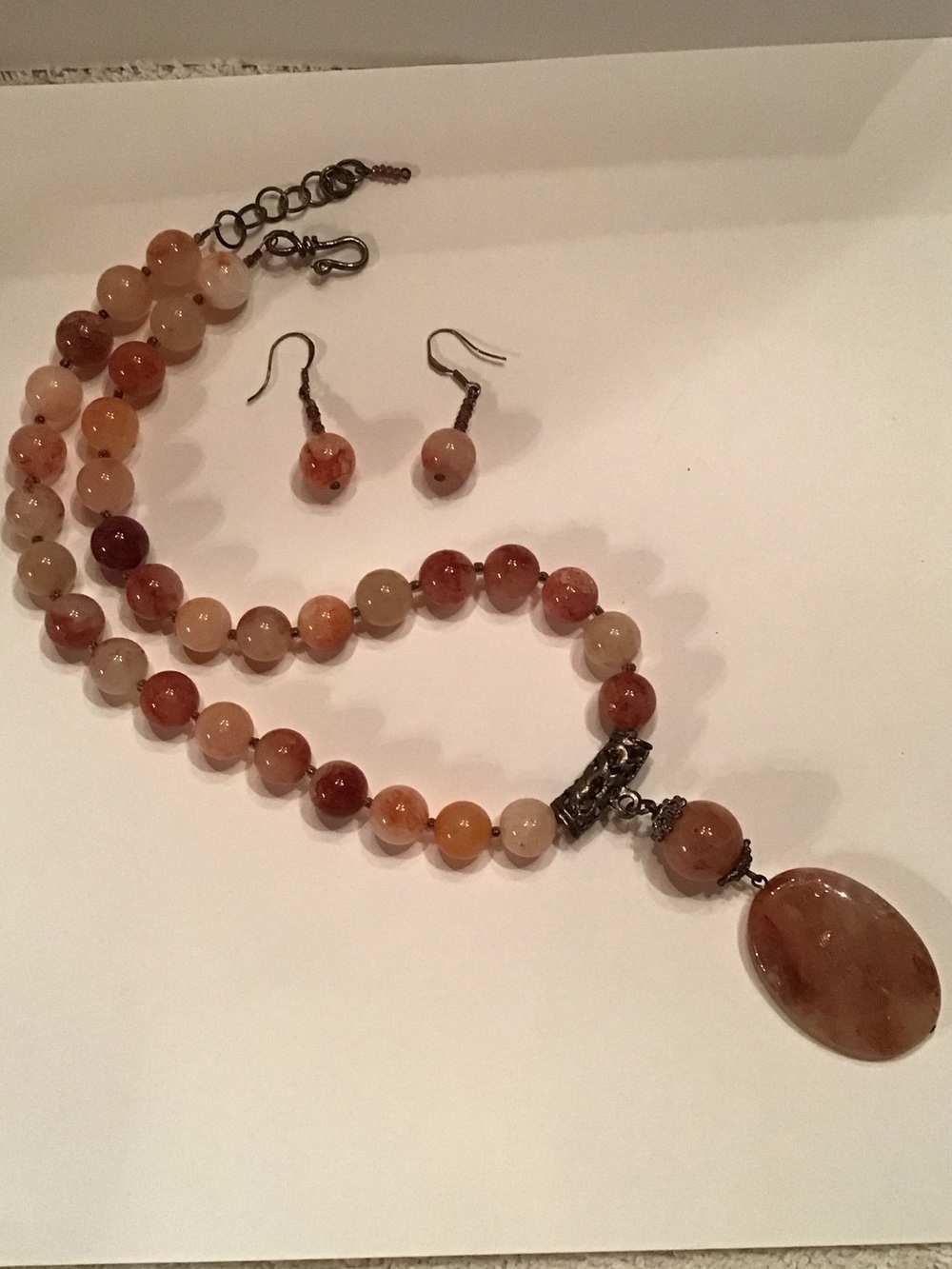 Handcrafted Peach Agate Beaded Necklace and Earring Set